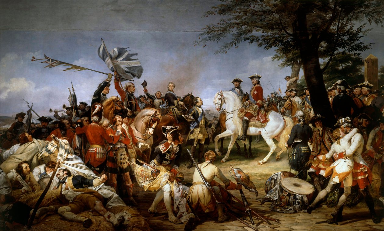 Østerrikes arvefølgekrig (1740-1748): "" Slaget ved Fontenoy 11/05/1745; marechalen av Sachsen presenterte for Ludvig XV fangene og de engelske flaggene””” Maleri av Emile Horace Vernet (1789-1863) 1828 Søn. 5,1x9,75 m av Emile Jean Horace Vernet