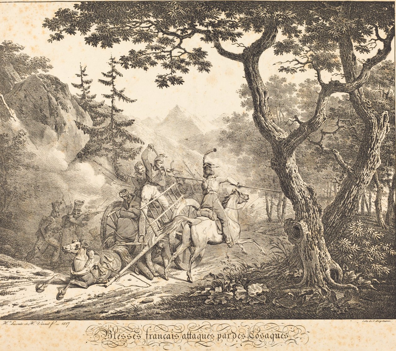 Sårede franskmenn angrepet av en kosakk av Horace Vernet and Hippolyte Lecomte