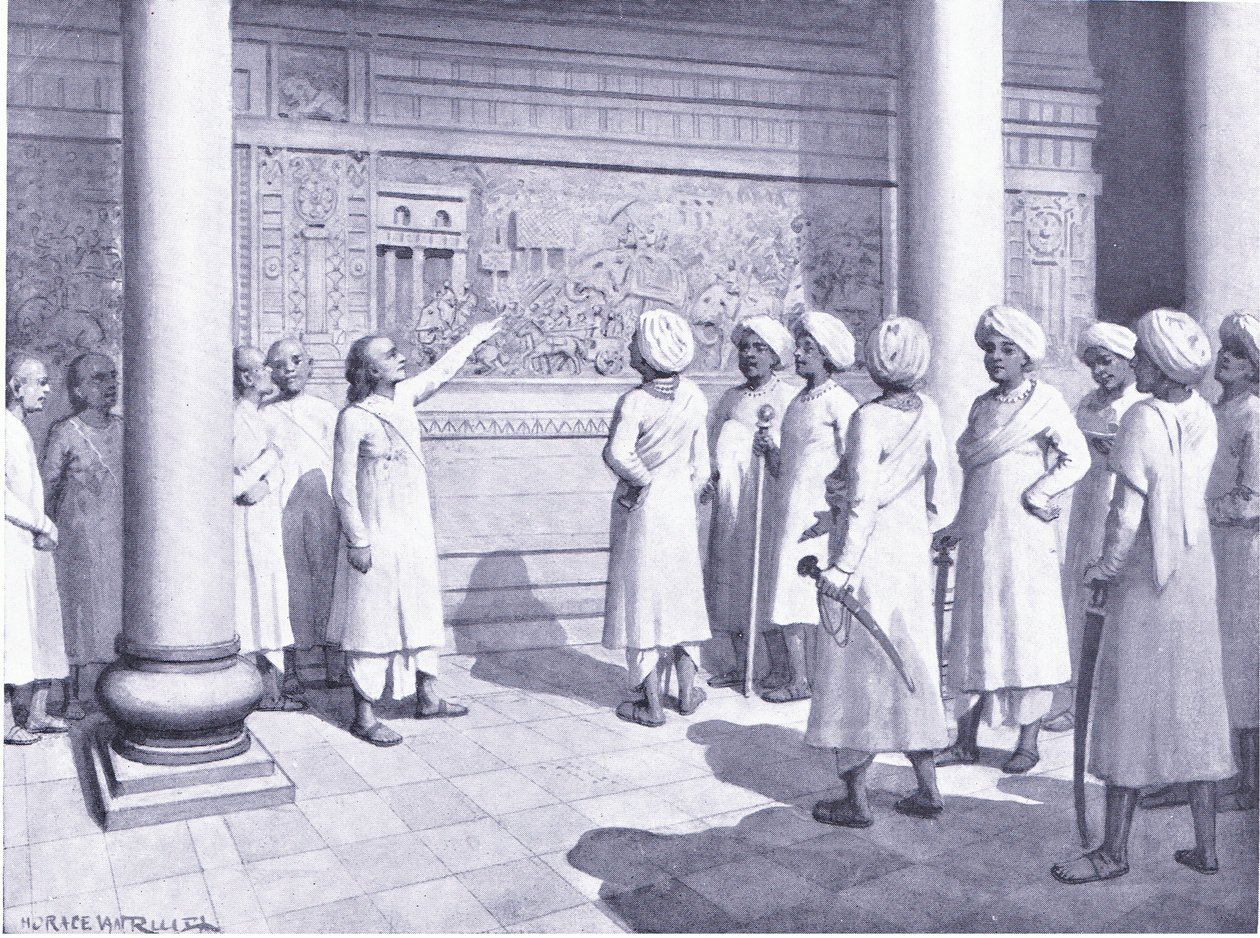 Rajaraja Chola inspiserer basrelieffet av bedriftene hans ved Tanjure 995 e.Kr av Horace van Ruith