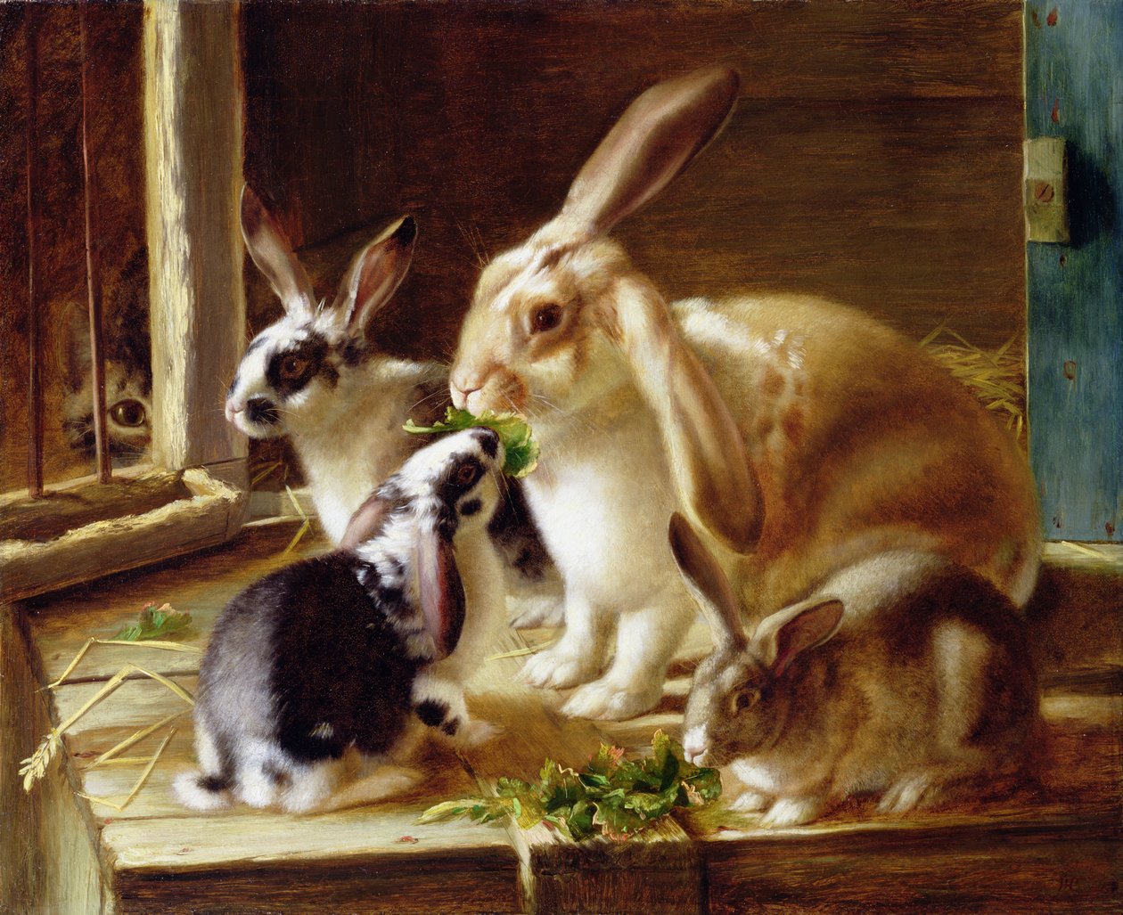 Langørede kaniner i et bur, overvåket av en katt av Horatio Henry Couldery