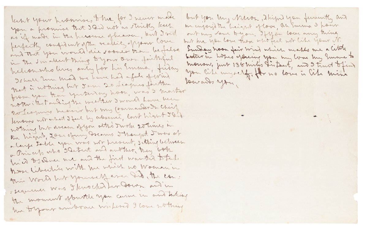 Autografbrev til Lady Hamilton, n.p. [Foudroyant til sjøs] av Horatio Nelson