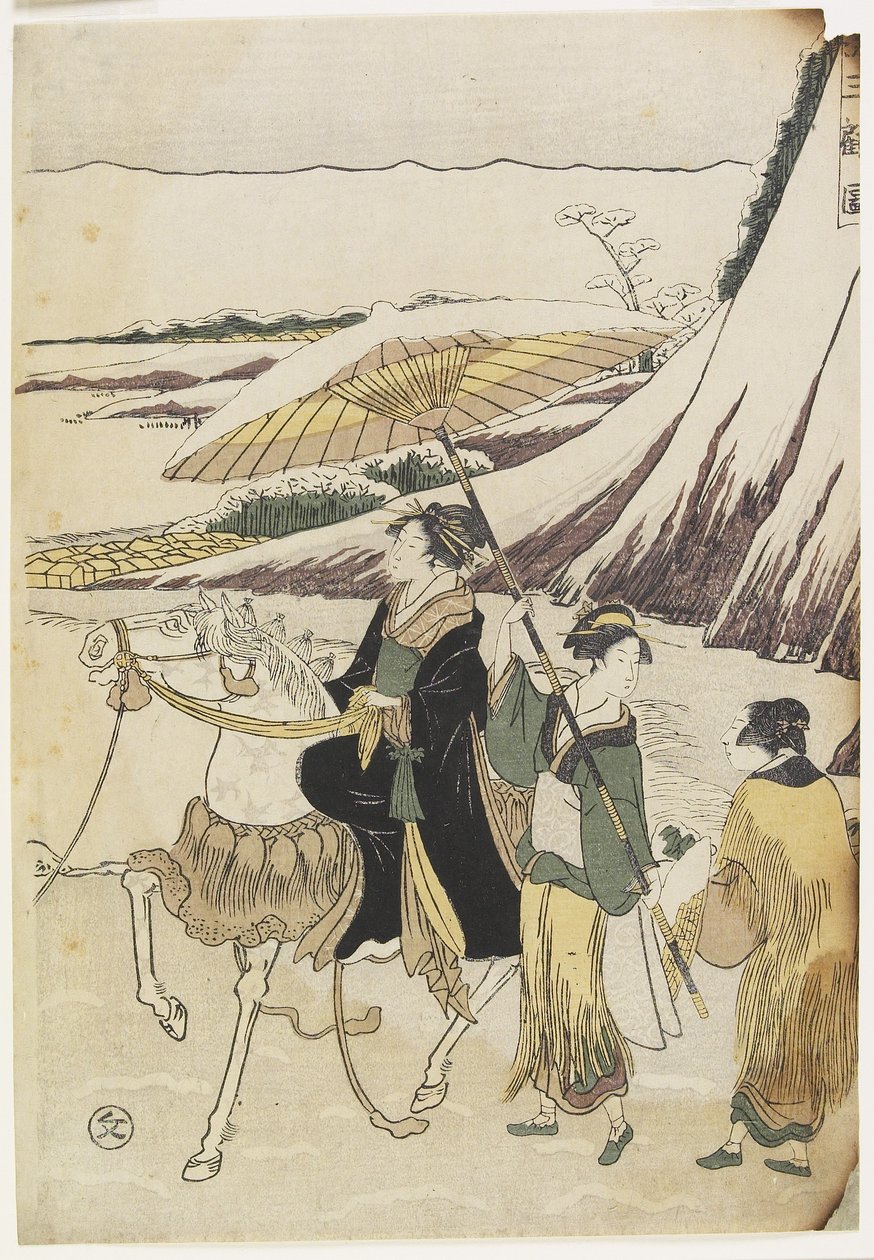 Tre kvinner som reiser gjennom en ravine, 1794-96 (farget treblokktrykk) av Hosoda Eiri