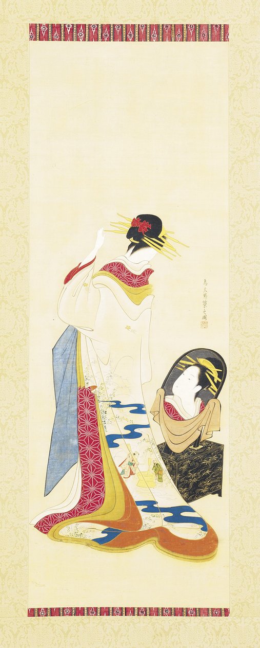A Beauty Gazing Into A Mirror (blekk og farge på silke) av Hosoda Eishi