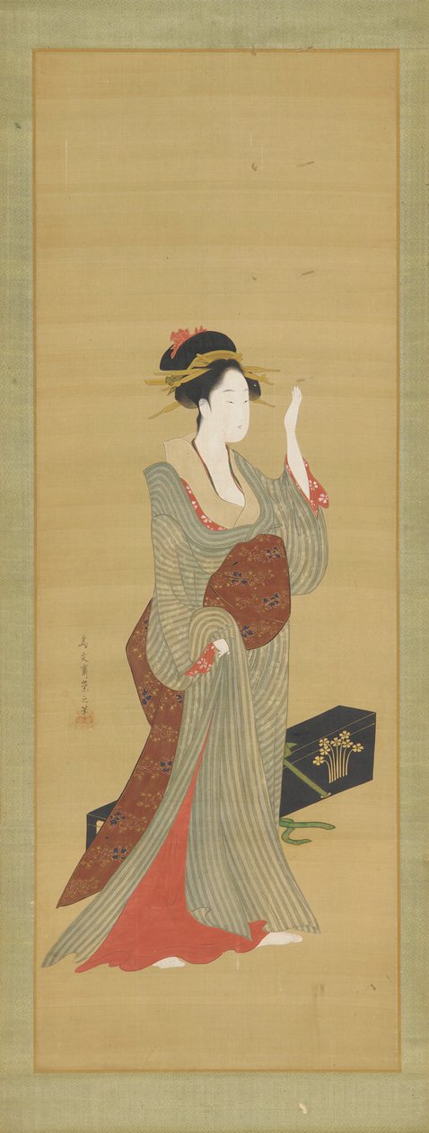 En geisha i ferd med å justere en hårnål med skilpaddeskall, sent på 1700-tallet. av Hosoda Eishi