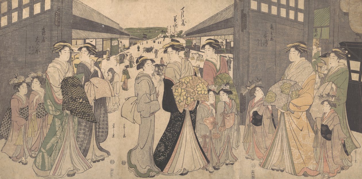 Oiran og ledsagere ved O Mon eller Great Gate of the Yoshiwara, ca. 1794. av Hosoda Eishi