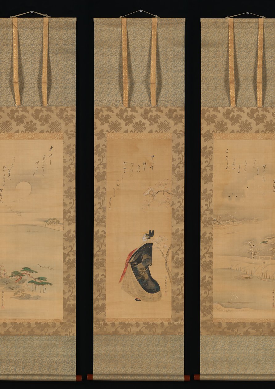 Snø, måne og kirsebær blomstrer Yoshiwara i tre årstider, tidlig på 1800-tallet. av Hosoda Eishi