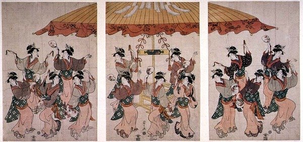 Sumiyoshi-dansen, triptyk, ca. 1791 (farget treblokktrykk) av Hosoda Eishi