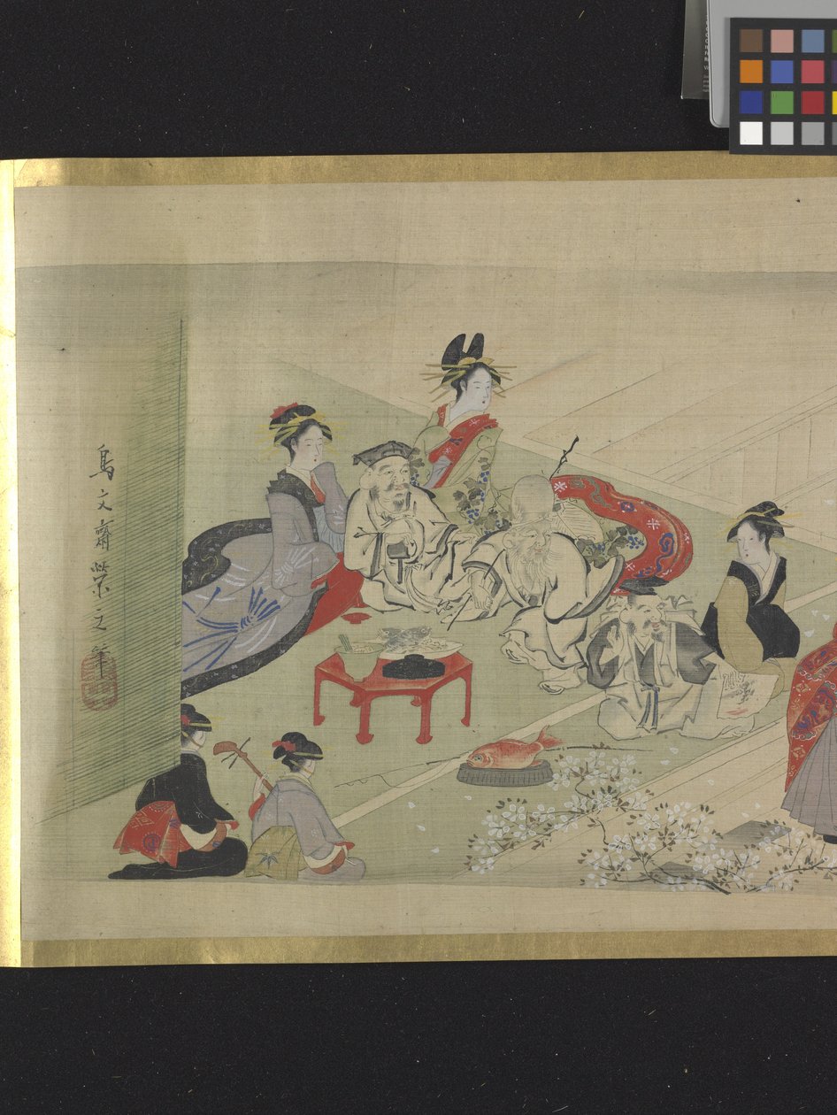 Three Gods Of Fortune On A Pleasure Outing (blekk og lyse farger på papir) av Hosoda Eishi