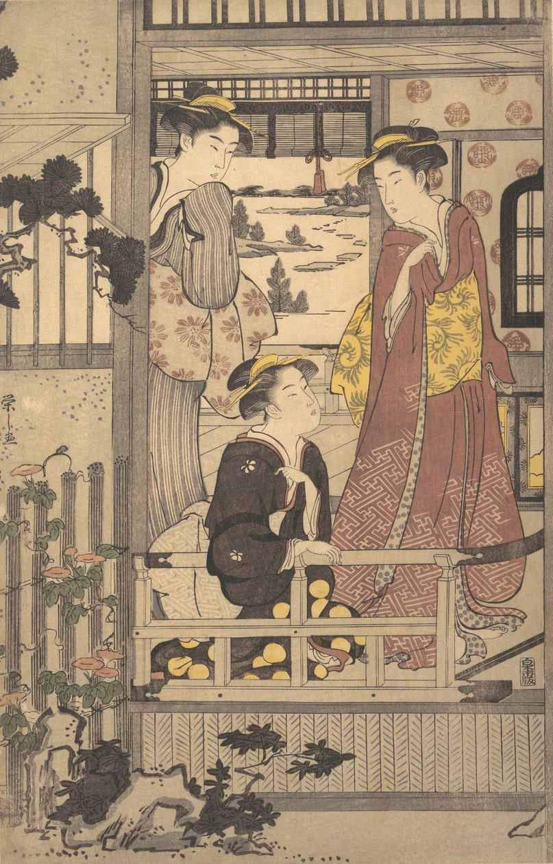 Tre kvinner på en veranda, 1756-1829. av Hosoda Eishi