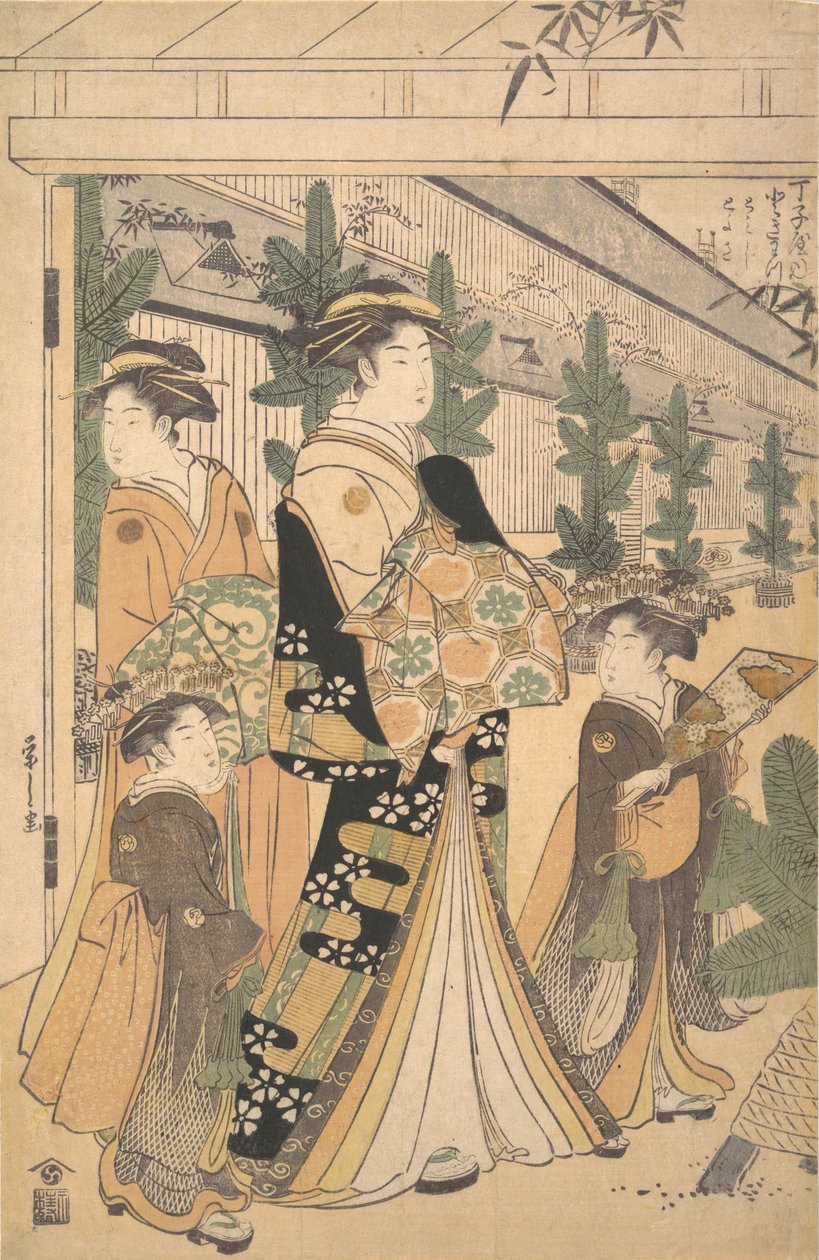 To Oiran med to kvinnelige ledsagere i Yoshiwara. av Hosoda Eishi