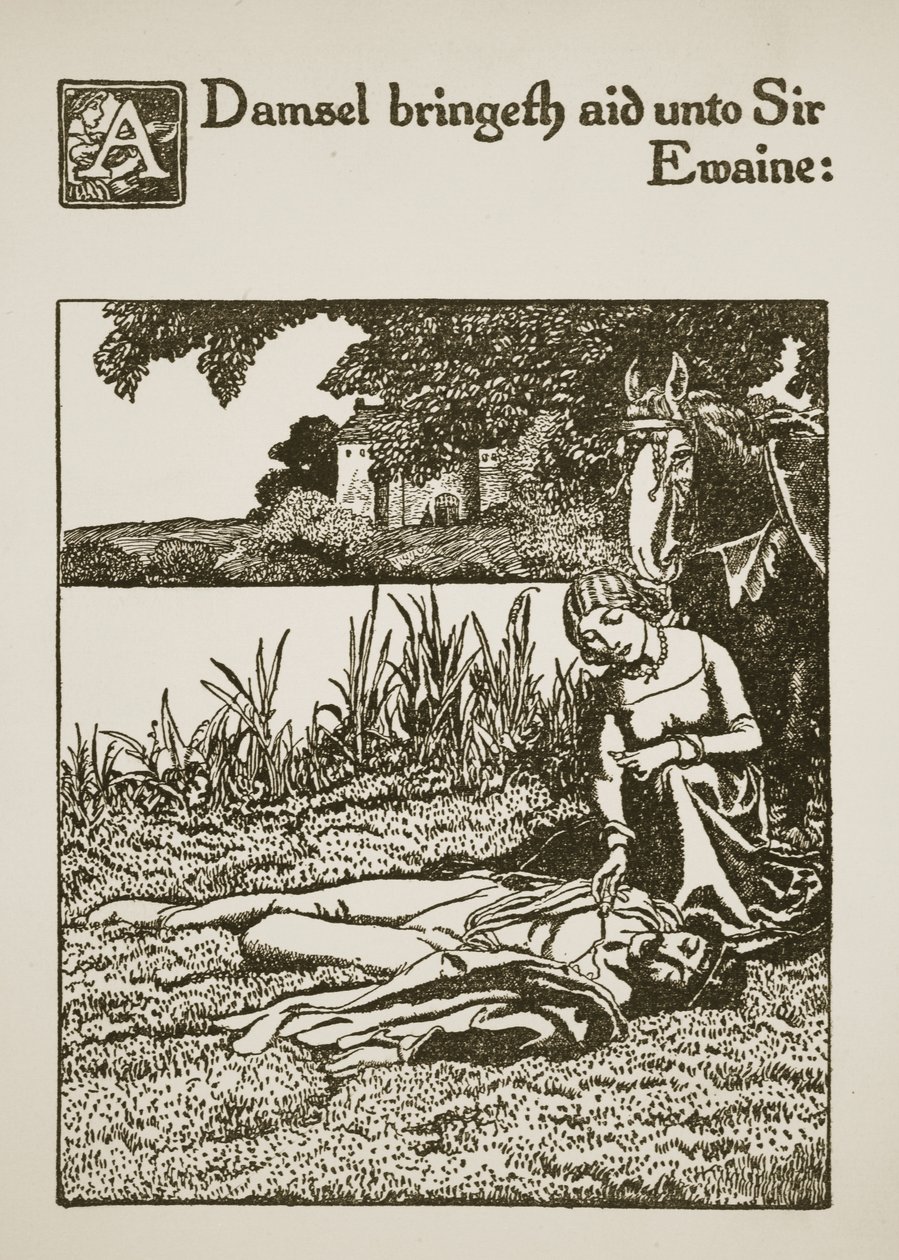 En damsel bringer hjelp til Sir Ewaine, illustrasjon fra 'The Story of Sir Launcelot and his Companions', 1907 av Howard Pyle