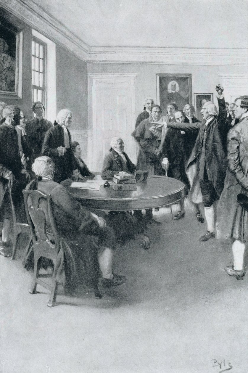 Etter massakren: Samuel Adams krever av guvernør Hutchinson umiddelbar tilbaketrekning av britiske tropper, illustrasjon fra 
