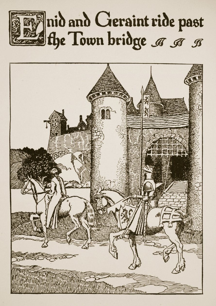 Enid og Geraint rir forbi bybroen, illustrasjon fra 