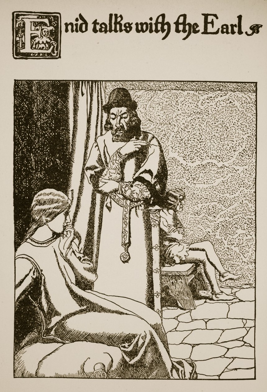 Enid snakker med jarlen, illustrasjon fra 'The Story of the Grail and the Passing of Arthur', ca. 1910 av Howard Pyle