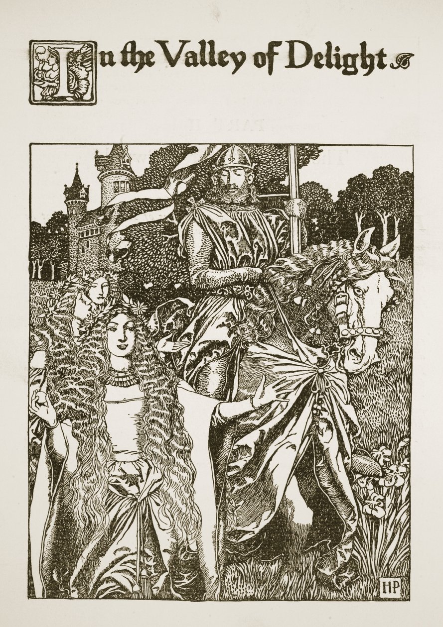 In the Valley of Delight, illustrasjon fra 'The Story of King Arthur and his Knights', 1903 av Howard Pyle
