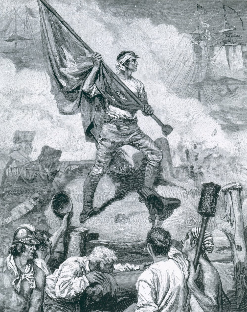 Sersjant Jasper i slaget ved Fort Moultrie, 28. juni 1776, illustrasjon fra "The Dawning of Independence" av Thomas Wentworth Higginson, pub. i Harper