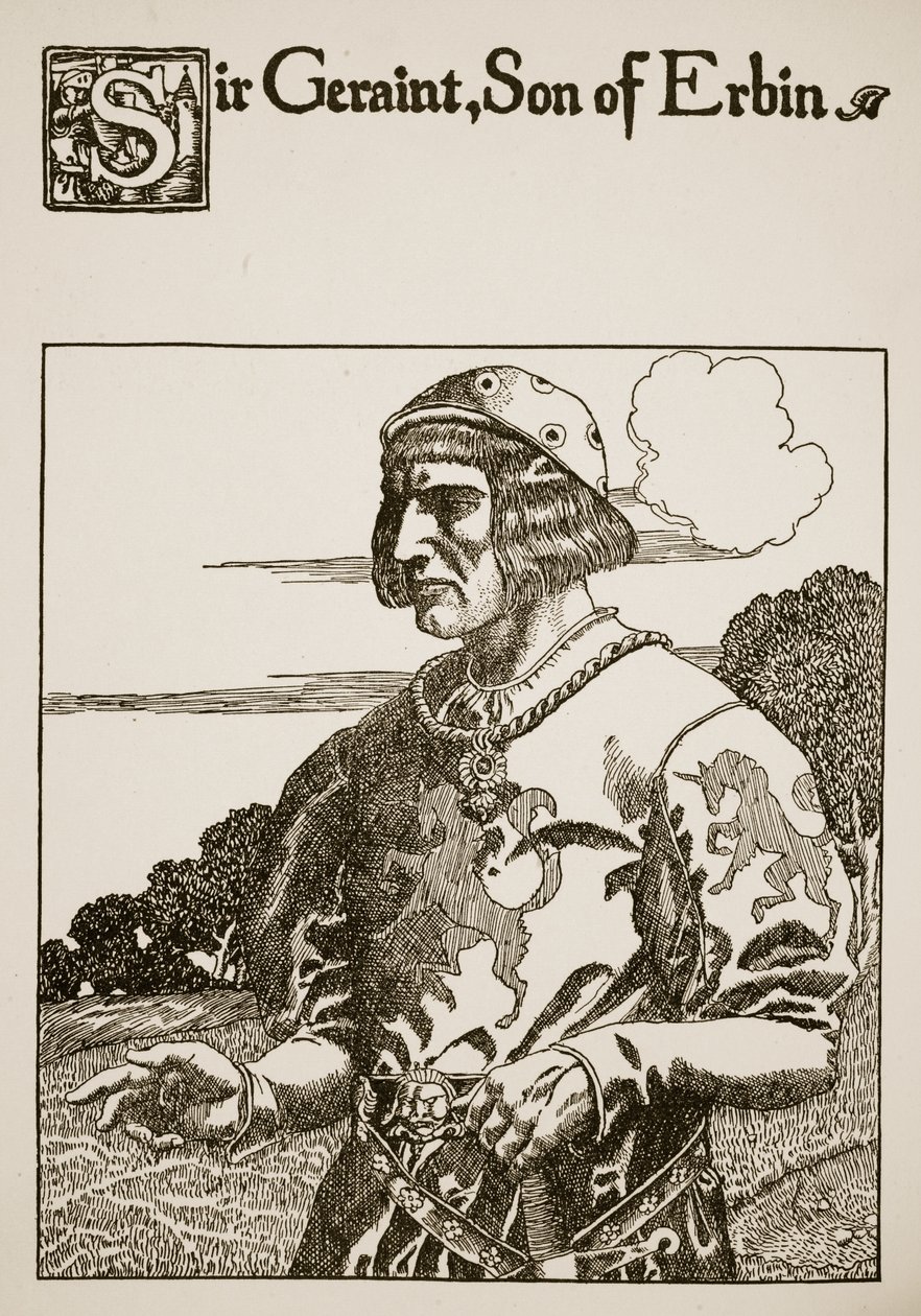 Sir Geraint, sønn av Erbin, illustrasjon fra 'The Story of the Grail and the Passing of Arthur', ca. 1910 av Howard Pyle