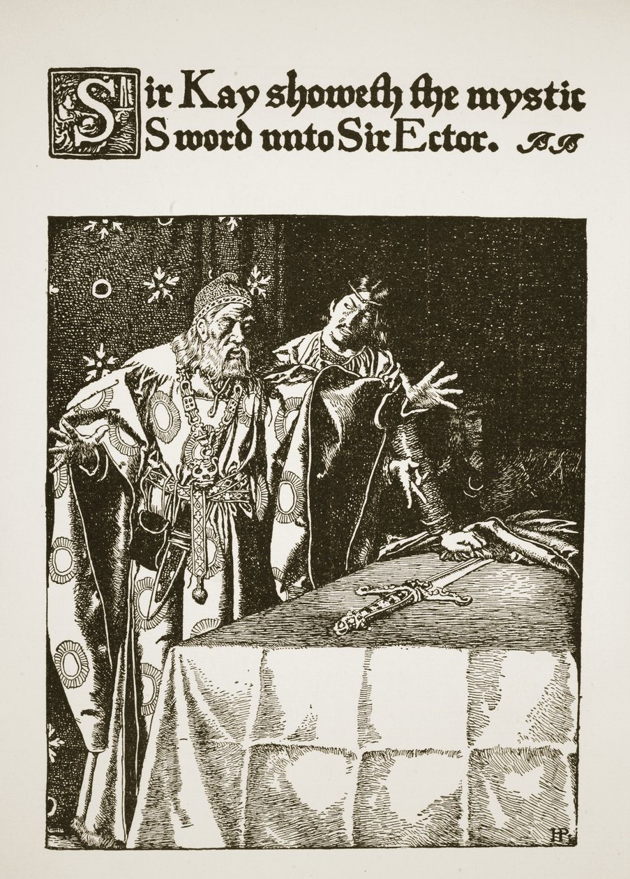 Sir Kay viser det mystiske sverdet til Sir Ector, illustrasjon fra 