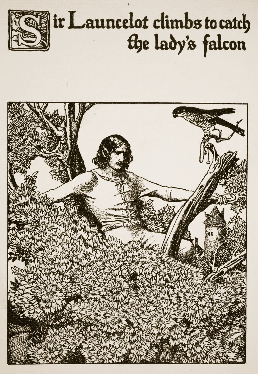 Sir Launcelot klatrer for å fange damens falk, illustrasjon fra "The Story of the Champions of the Round Table" av Howard Pyle