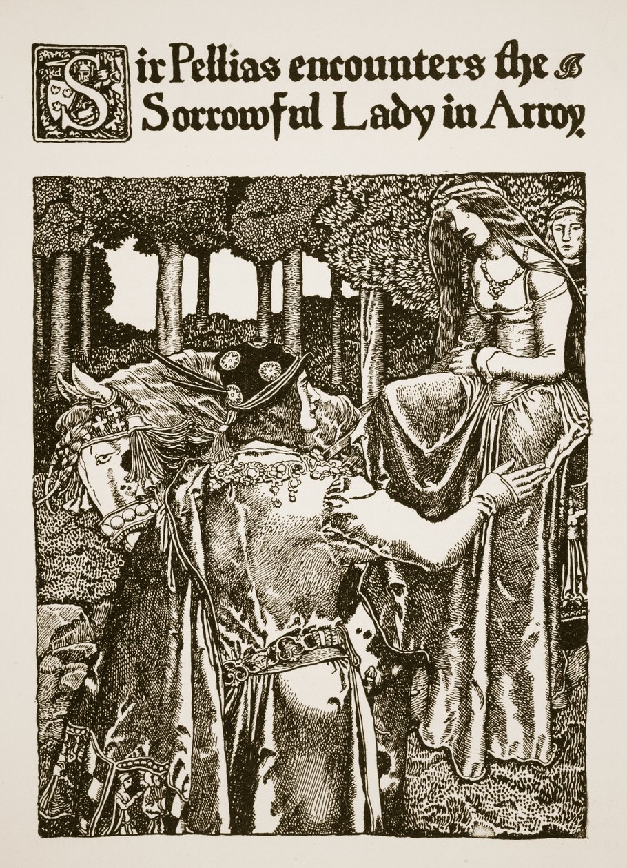 Sir Pellias møter den sorgfulle damen i Arroy, illustrasjon fra 'The Story of King Arthur and his Knights', 1903 av Howard Pyle