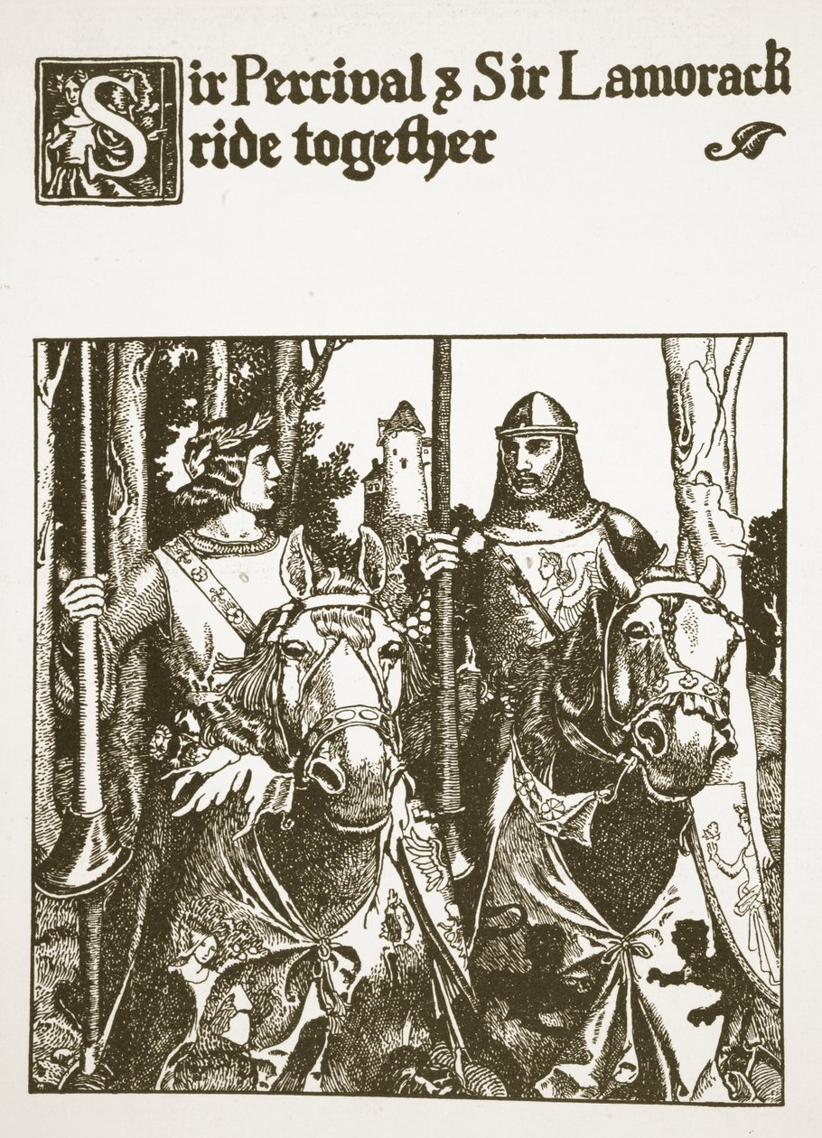 Sir Percival og Sir Lamorack rir sammen, illustrasjon fra 