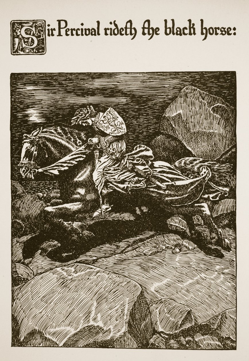 Sir Percival rir på den svarte hesten, illustrasjon fra 