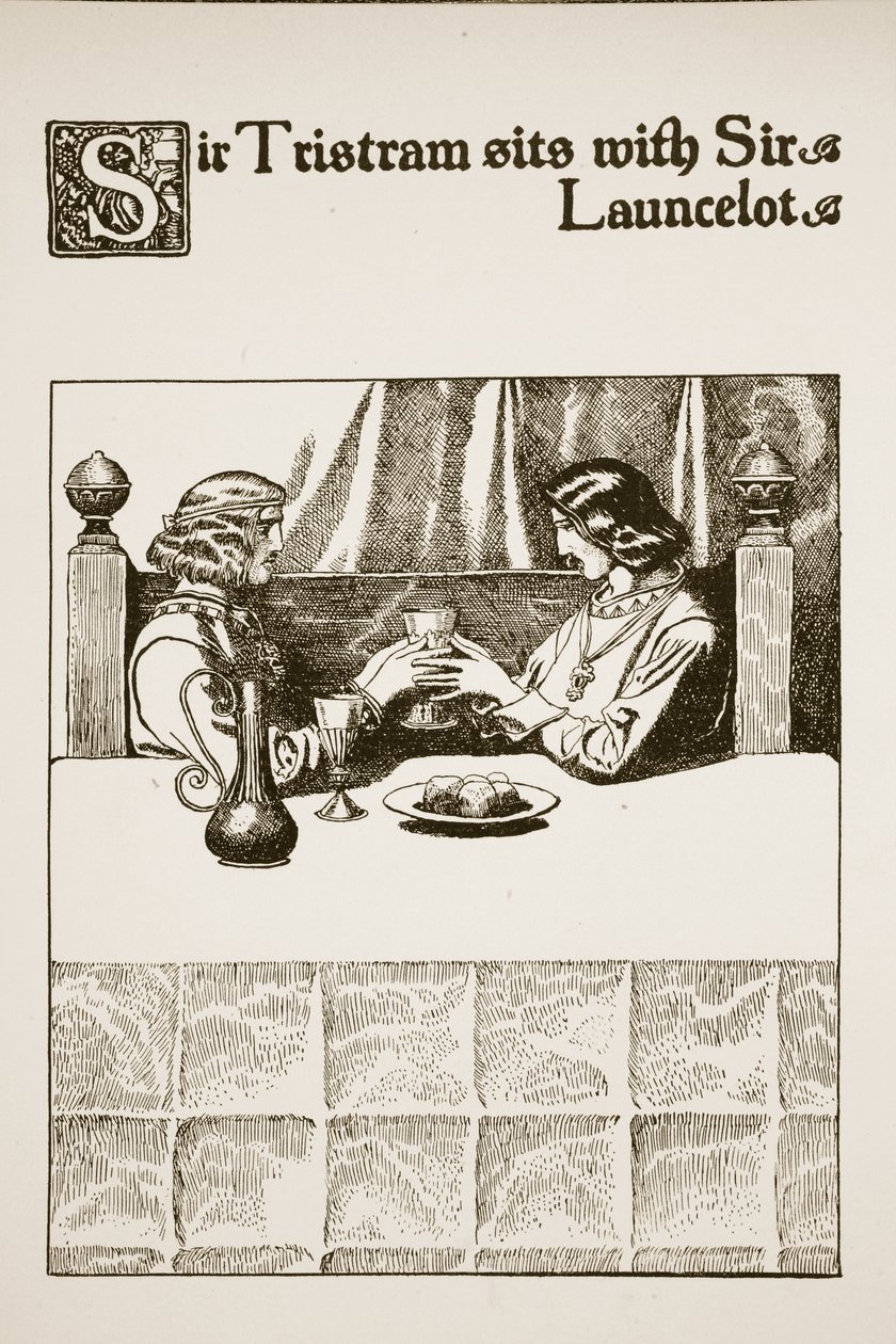 Sir Tristram sitter sammen med Sir Launcelot, illustrasjon fra 
