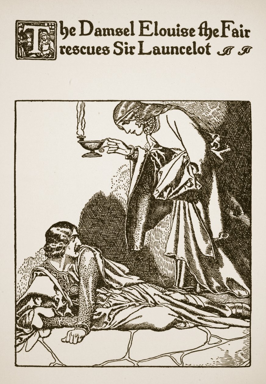 Damsel Elouise the Fair redder Sir Launcelot, illustrasjon fra 