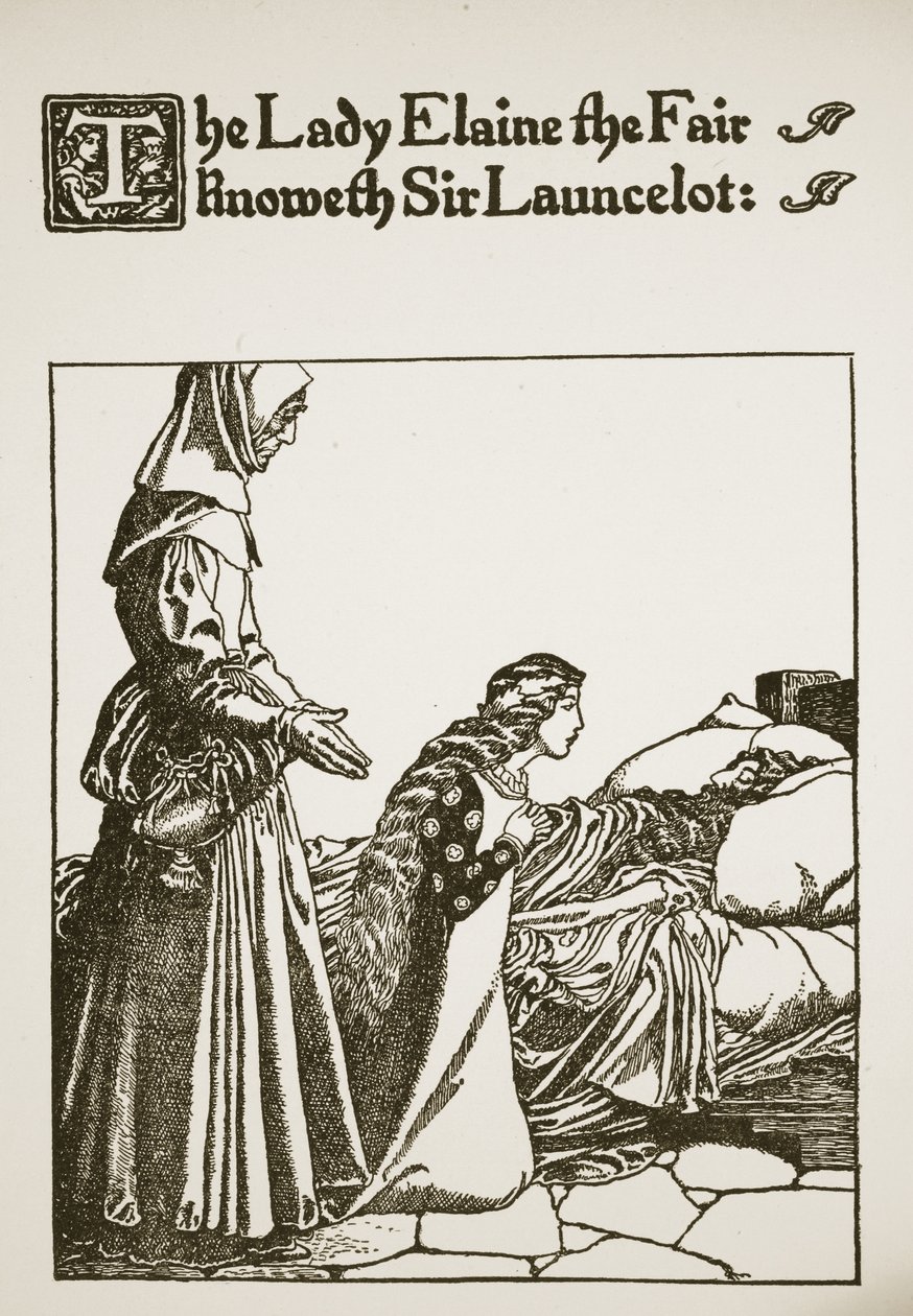 Lady Elaine the Fair kjenner Sir Launcelot, illustrasjon fra 'The Story of Sir Launcelot and his Companions', 1907 av Howard Pyle