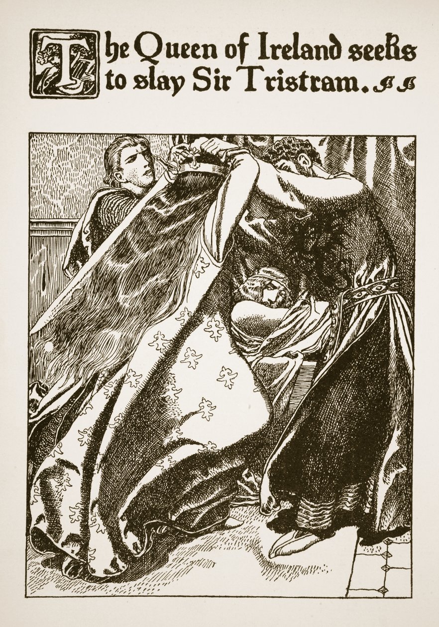 Dronningen av Irland søker å drepe Sir Tristram, illustrasjon fra "The Story of the Champions of the Round Table" av Howard Pyle