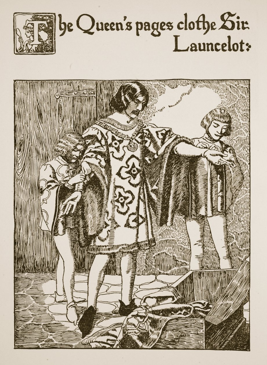 Dronningens sider kler Sir Launcelot, illustrasjon fra 
