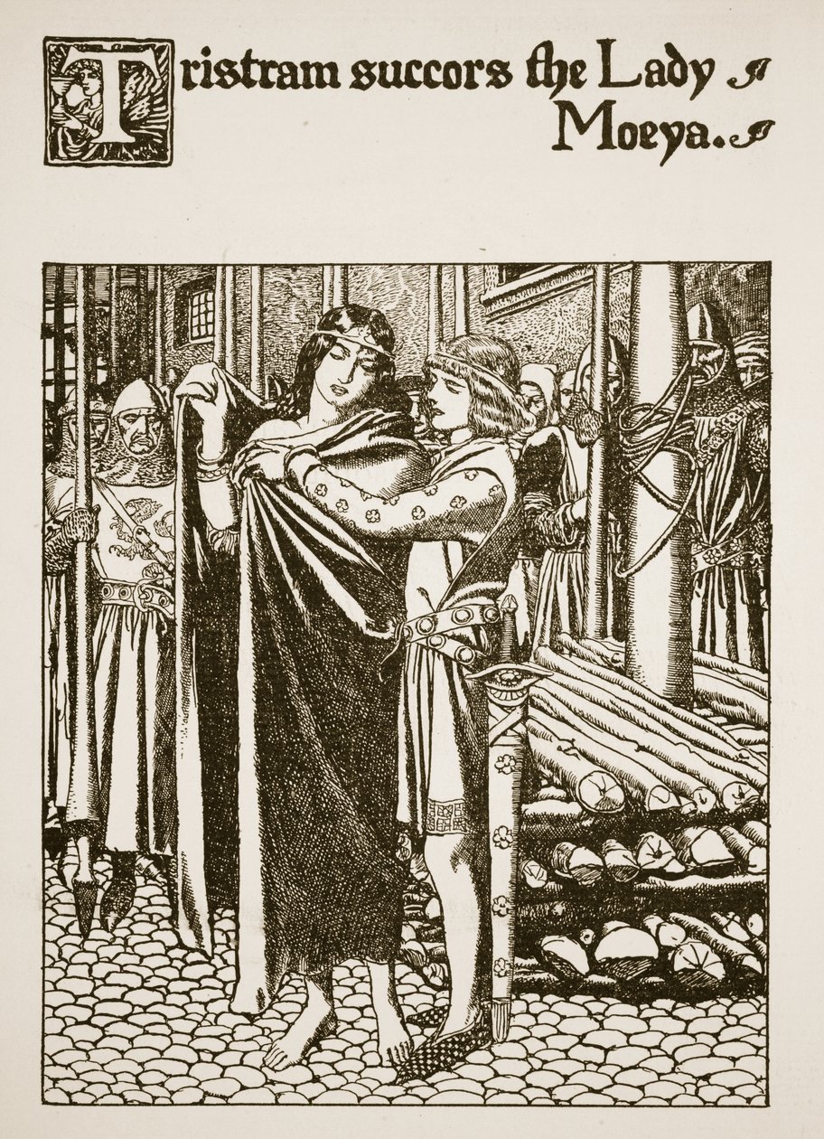 Tristram hjelper Lady Moeya, illustrasjon fra 'The Story of the Champions of the Round Table' av Howard Pyle