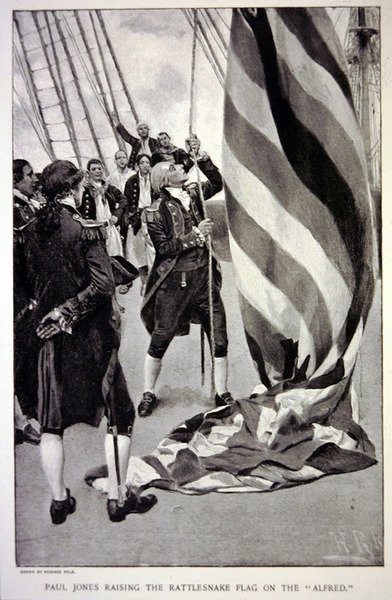 John Paul Jones heiser det amerikanske klapperslangeflagget på Alfred (litho) av Howard (after) Pyle