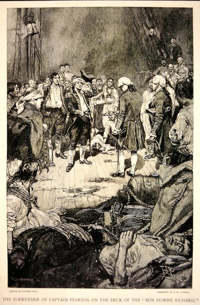 Kaptein Pearsons overgivelse til John Paul Jones på dekket til Bonhomme Richard i 1779 (litho) av Howard (after) Pyle