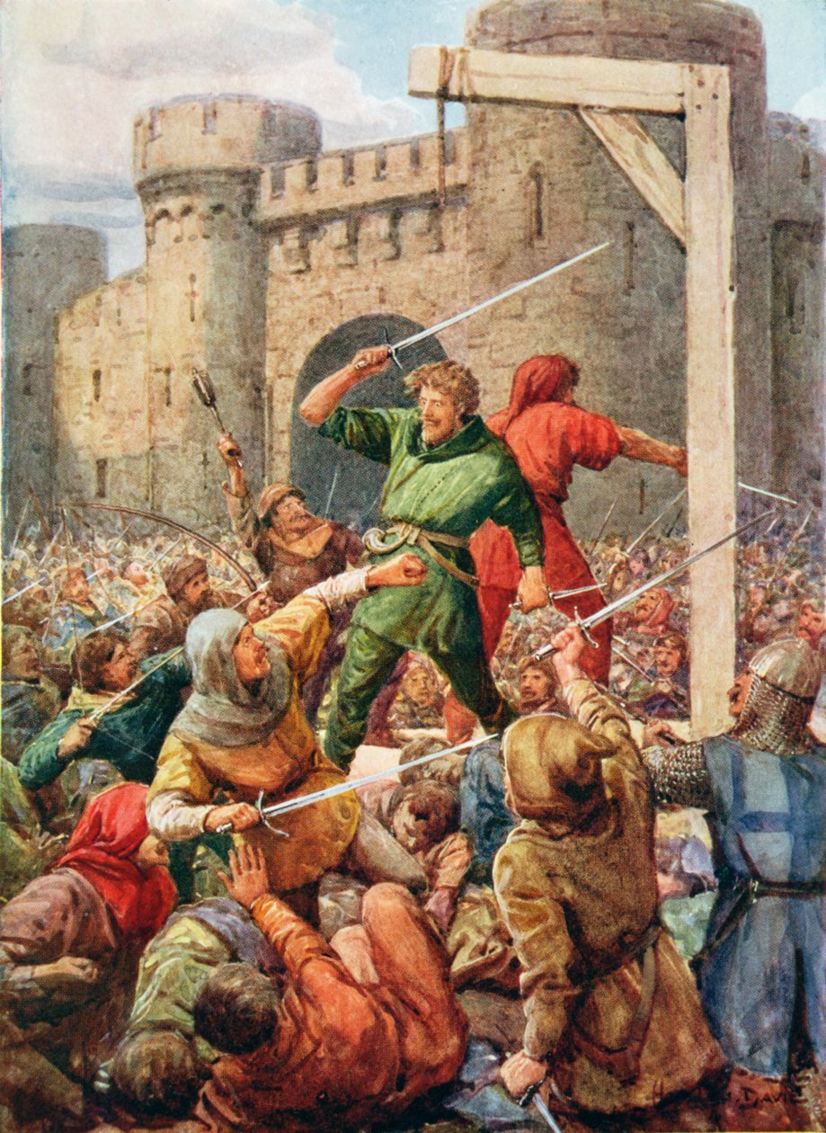 Rygg mot rygg sto de skumle to, illustrasjon fra 'Robin Hood and his Life in the Merry Greenwood', fortalt av Rose Yeatman Woolf, utgitt av Raphael Tuck av Howard Davie