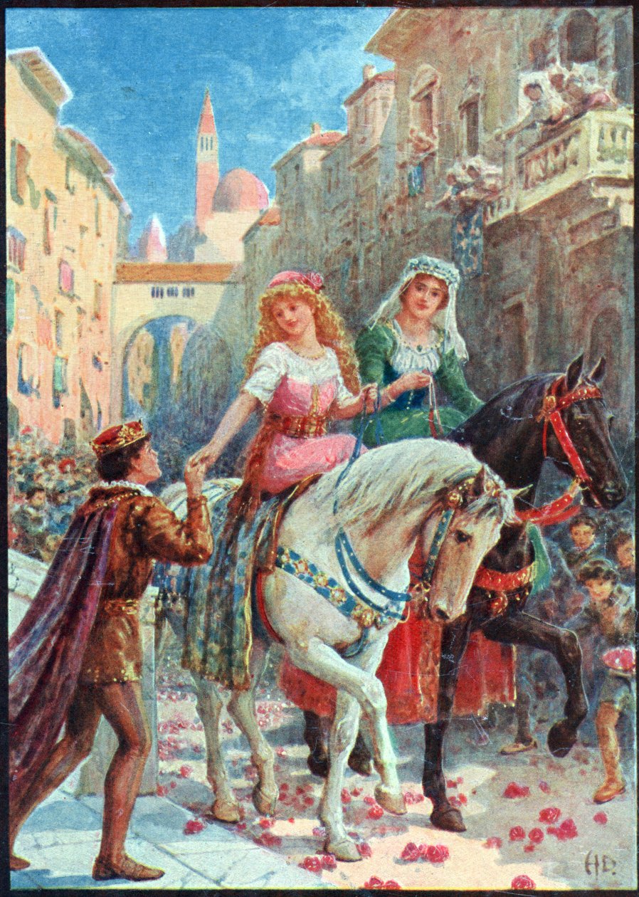 Omslag fra 'Italian Fairy Tales', av Lilia E. Romano, utgitt av Raphael Tuck & Sons (farge litho) av Howard Davie