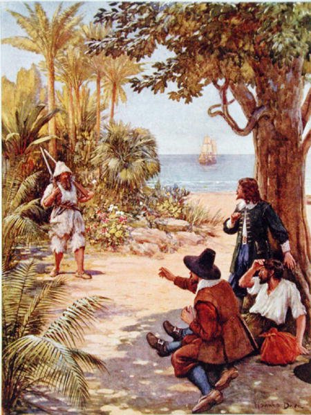 Crusoe vises foran skipets kaptein, illustrasjon for 'Robinson Crusoe' av Daniel Defoe (1660-1731) (farge litho) av Howard Davie