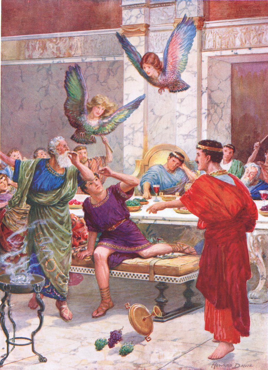 'Ned kom to fryktelige monstre, som mennesket aldri så', illustrasjon for 'Hvordan argonautene seilte til Colchis', fra The Heroes of Greek Fairy Tales, av Charles Kingsley (1819-75) (farge litho) av Howard Davie