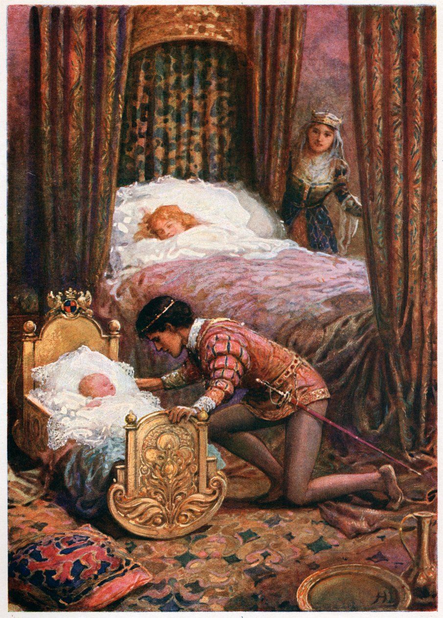 'Han bøyde seg ned for å kysse den lille babyen', fra Italian Fairy Tales, av Lilia E. Romano, utgitt av Raphael Tuck & Sons (farge litho) av Howard Davie