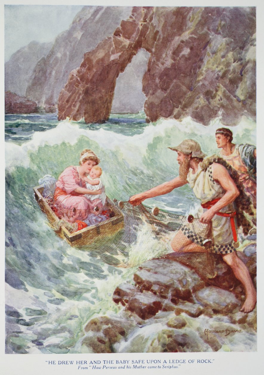 "Han tegnet henne og babyen trygt på en avsats av stein" (farge litho) av Howard Davie