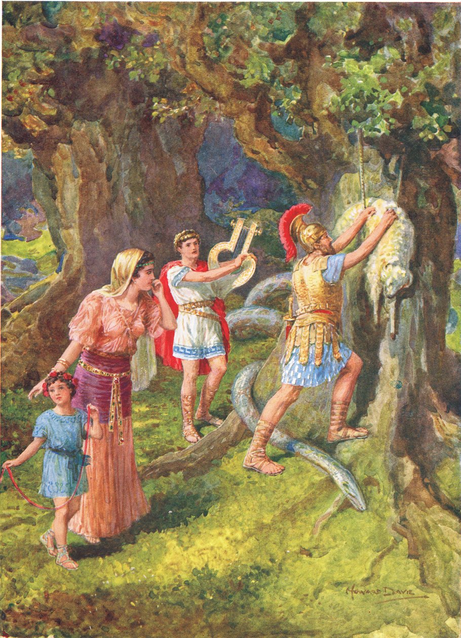 'Jason rev fleeceen fra trestammen', illustrasjon for 'How the Argonauts sailed to Colchis', fra The Heroes of Greek Fairy Tales, av Charles Kingsley (1819-75) (farge litho) av Howard Davie