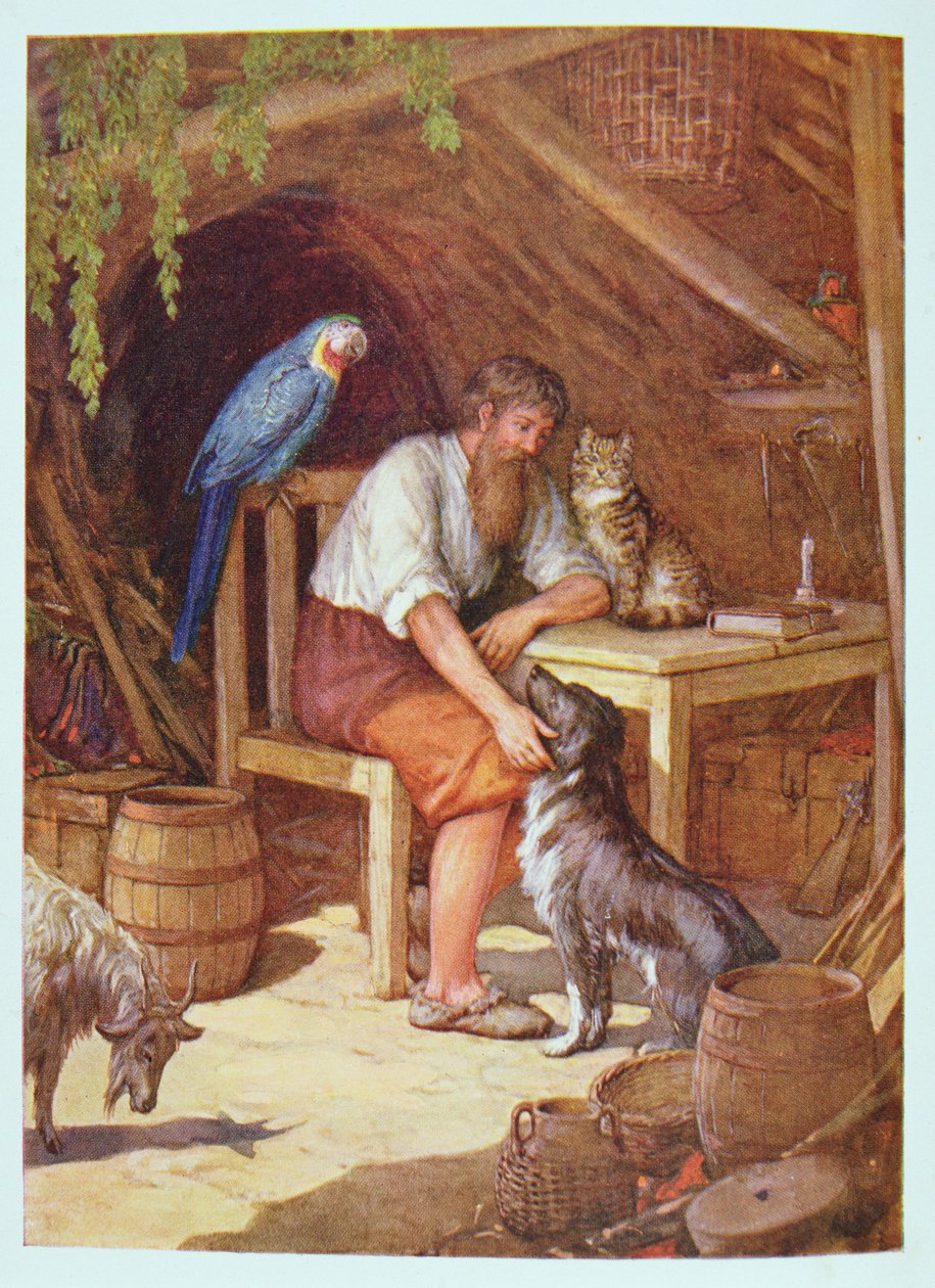 Robinson Crusoe in his Hut, illustrasjon fra 