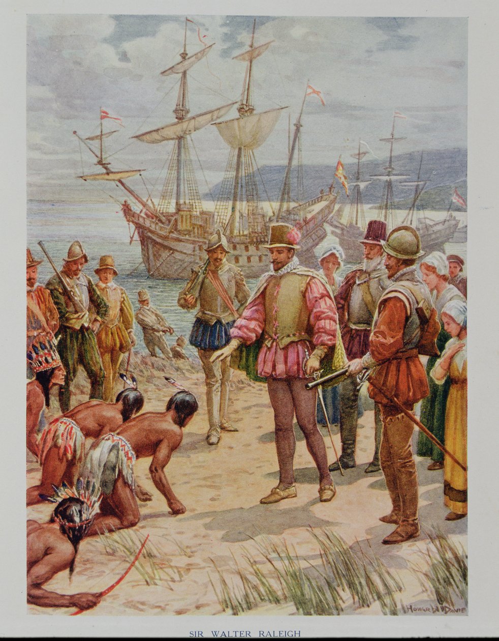 Sir Walter Raleigh (1552-1618) lander ved Virginia av Howard Davie