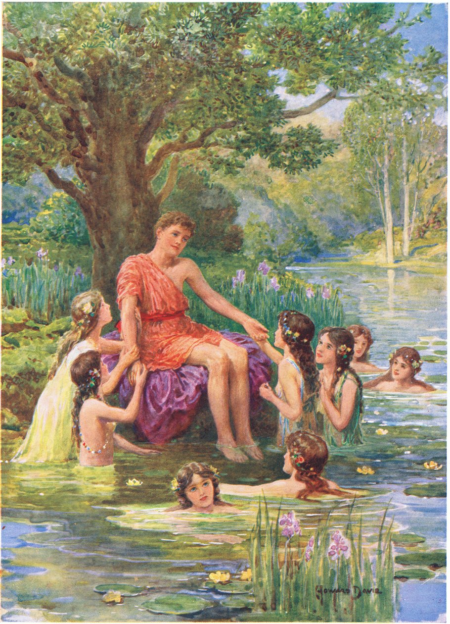'Vannymfene kom opp for å se på ham og elsket ham', illustrasjon for 'How the Argonauts sailed to Colchis', fra The Heroes of Greek Fairy Tales, av Charles Kingsley (1819-75) (farge litho) av Howard Davie