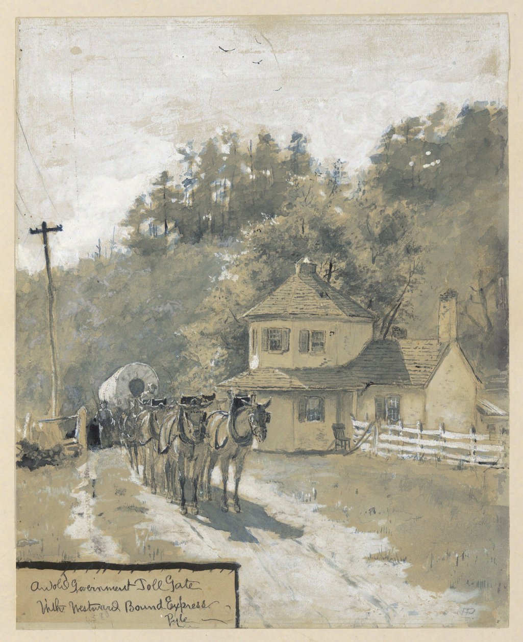 En gammel statlig bomstasjon med et ekspresstog på vei vestover, tegning til en illustrasjon for artikkelen «The Old National Pike» av William Henry Rideing av Howard Pyle
