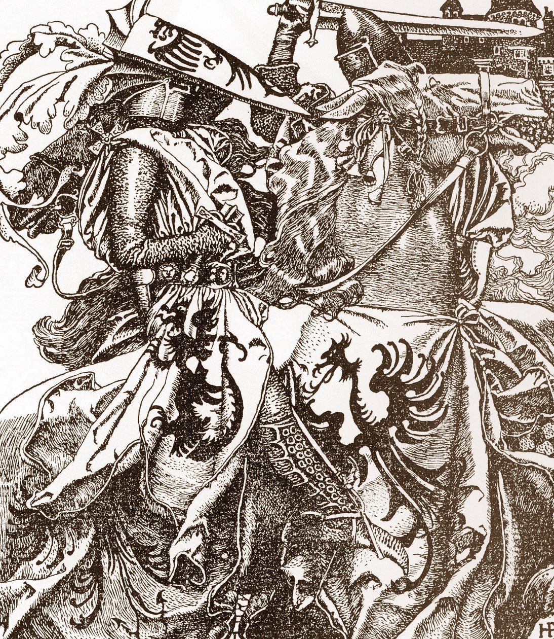 Arthurian Legend: Kay (Keu), ridder av det runde bordet, bryter sverdet sitt ved en turnering (Sir Kay, ridder av det runde bordet, knekker sverdet sitt ved en turnering) Illustrasjon av Howard Pyle (1853-1911) fra "The story av kong Arthur og hans ri av Howard Pyle