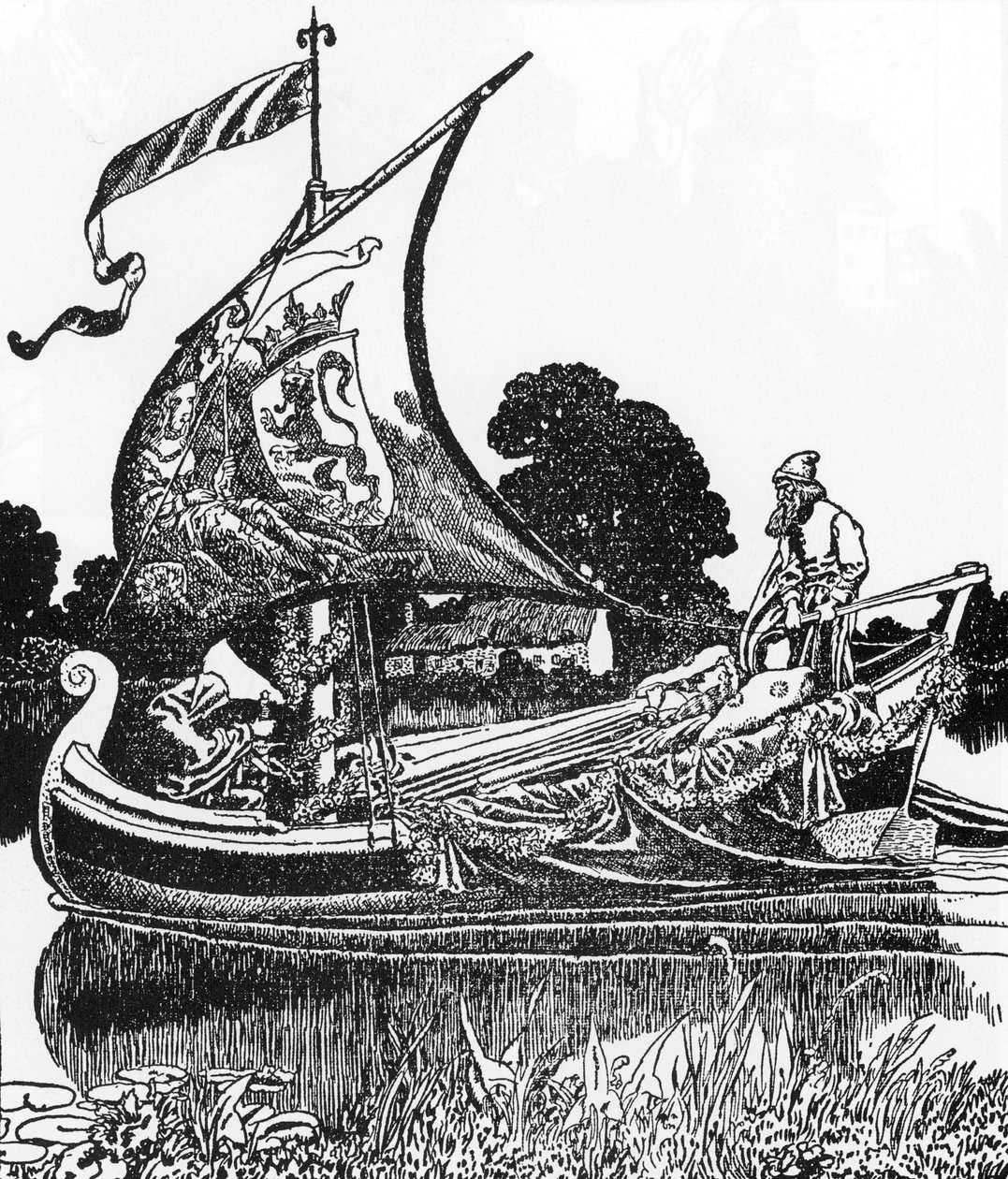 Arthurian Legend: The Barge of the Dead bringer kong Arthur lik Illustrasjon av Howard Pyle (1853-1911) fra "The Story of Sir Launcelot and His Companions" 1907 Private Collection av Howard Pyle