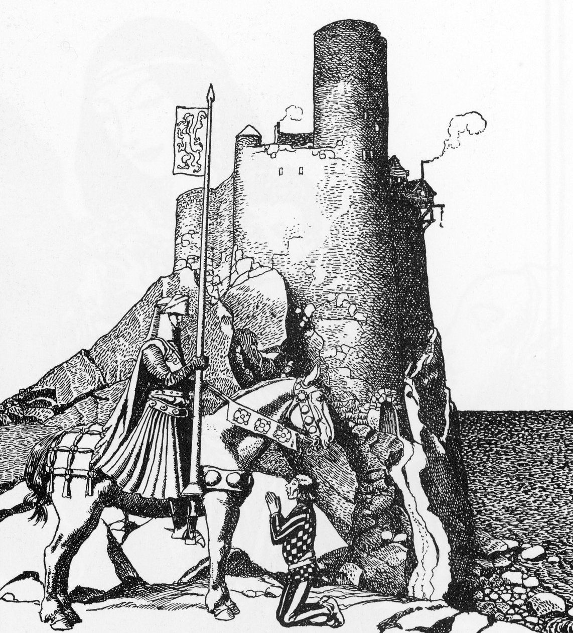 Arthurian Legend: Tristan ankommer slottet i Nabon (Sir Tristam ankommer slottet til Sir Nabon) Illustrasjon av Howard Pyle (1853-1911) fra "The Story of the champions of the round table"" 1905 Privat samling av Howard Pyle