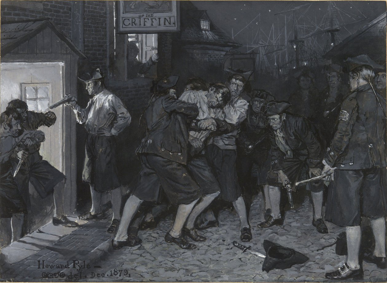 Ved Griffens skilt, tegning til en illustrasjon for artikkelen «Gamle kaffehus i New York» av John Austin Stevens av Howard Pyle
