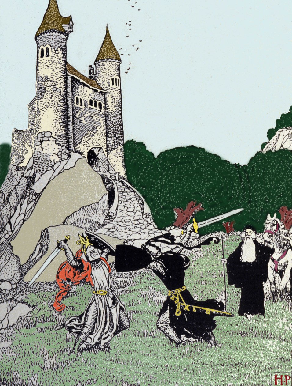 Kamp mellom kong Arthur (Artus) og den svarte ridderen i nærvær av den fortryllende Merlin. Illustrasjon av Howard Pyle (1853 - 1911), amerikansk illustratør av Howard Pyle